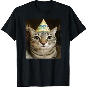 Funny Staring Meme Cat Birthday Greeting Adults, Boys, Girls T-Shirt, Large