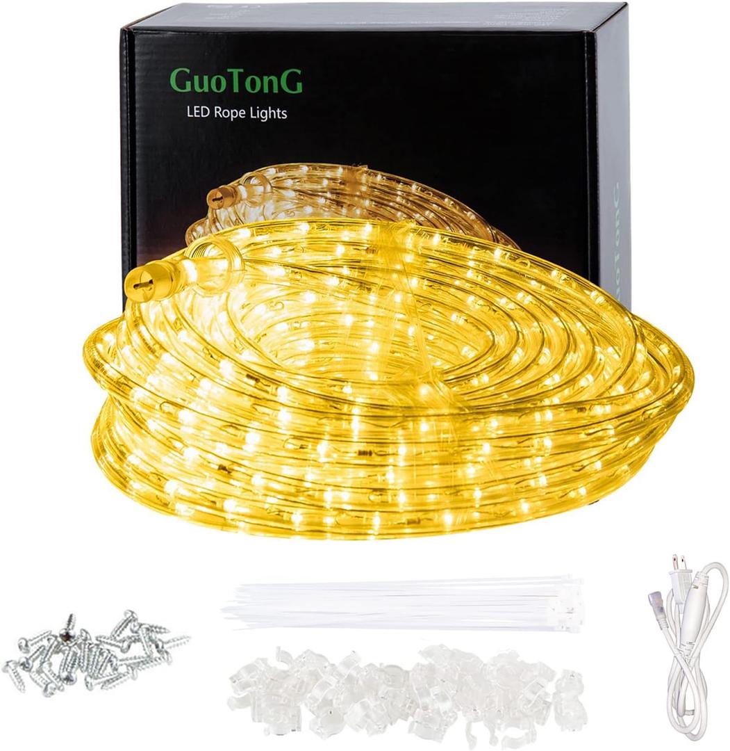 50ft/15m Plug in LED Rope Lights, 540 Warm White LEDs, 110V, Waterproof, Connectable,Power Socket Connector Fuse Holder, Indoor/Outdoor Use, Ideal for Backyards, Decorative Lighting