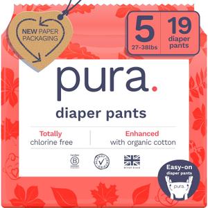 Pura Hypoallergenic Diaper Pants Size 5 (27-38 lbs) Overnight, up to 12 Hours Leak Protection, Suitable for Sensitive Skin, Totally Chlorine Free, Soft Organic Cotton, 1 Pack of 19 Pull Up Pants (Size 5 (19 Diaper Pants))