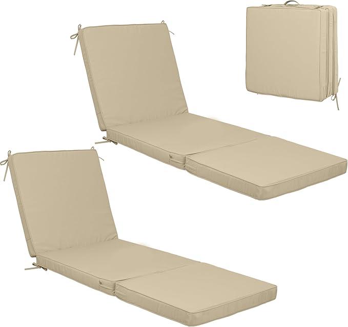 Chaise Lounge Cushions Outdoor Set of 2, Tri-Fold Lounge Chair Cushion with Hook & Loop Fasteners, Water Resistant Patio Furniture Replacement Cushion for Outdoor Pool, 71''L x 23.6''W x 3''T (Khaki)