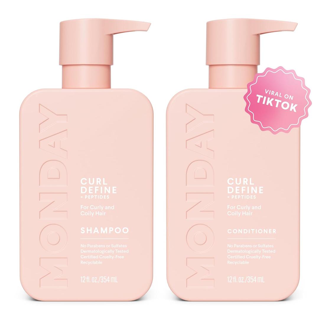 MONDAY HAIRCARE Curl Define Shampoo + Conditioner Set (2 Count) 12 oz Each Nourishes Curls, Tames Frizz, Coconut Oil and Shea Butter Enhance Shine, 100% Recyclable Bottle