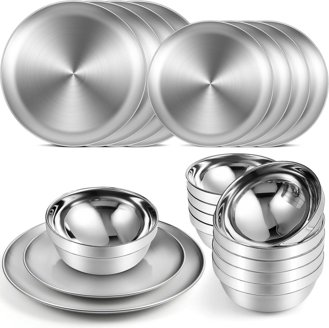 Sunnyray 10 Sets Stainless Steel Plates and Bowls 6.7, 10.2 Inch Metal Camping Plates Reusable 13oz Steel Snack Bowls Feeding Serving Dinner Dishes Double Walled Insulated for Men Women Kids