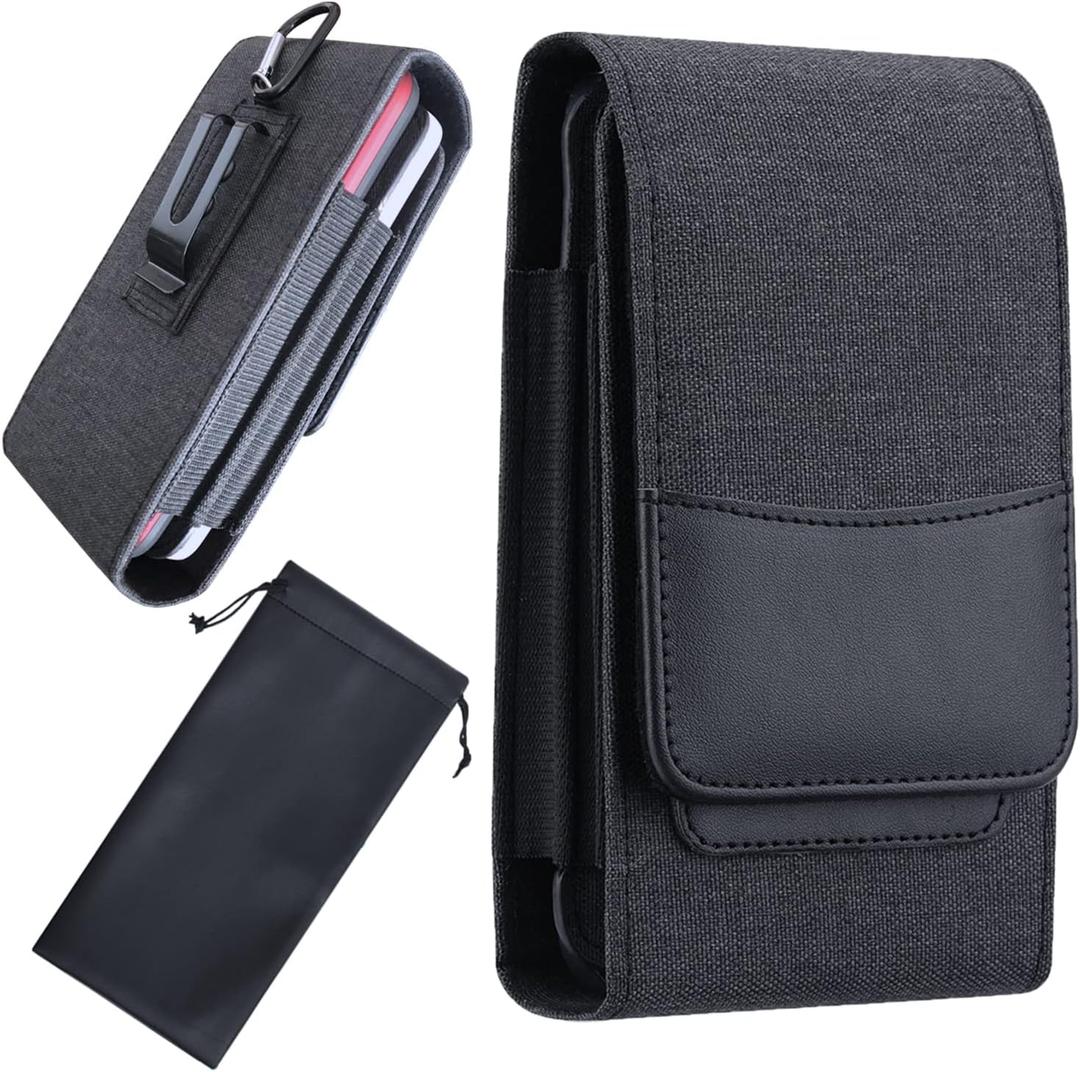 One Case Two Phones, Dual Phone Holster Pouch with Belt Clip, Hook and Loop Closure for iPhone 16 15 14 13 12 Pro Max, Moto G15,Edge 50,Galaxy Note 20 Ultra, S25 Ultra S24+A56-Black (Size-XXL)