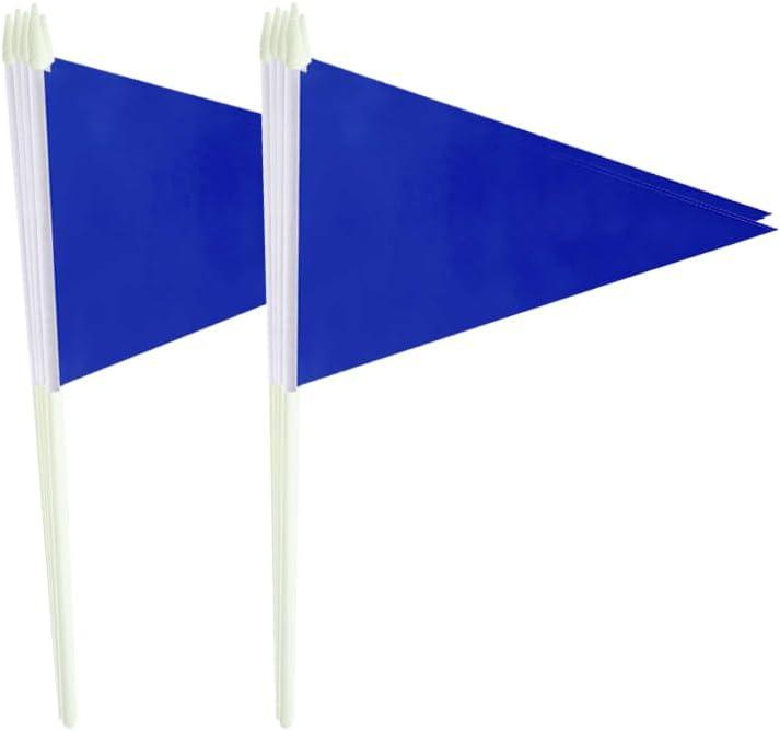 12Pack Small Blue Pennant Stick Flag Mini Triangle Blank DIY Graffiti Hand Held 5x8 Inch Flags with Solid Pole