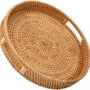 Round Rattan Serving Tray with Handles, Hand Woven Basket, Home Decor Organizer Tray for Breakfast, Tea, Snack, Fruit, Coffee,Storage
