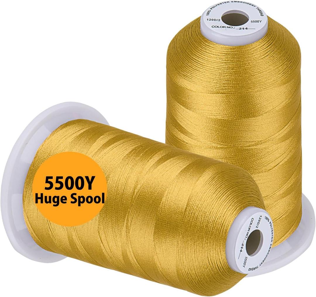 Simthread Embroidery Thread 5500 Yards Gold 214, 2 Huge Spools 40wt Polyester for Brother, Babylock, Janome, Singer, Pfaff, Husqvarna, Bernina Machine