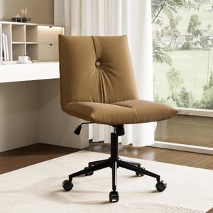YOUTASTE Office Chair Armless Desk Chair with Wheels, Comfortable Upholstered Computer Task Chairs with Back Support, Adjustable Modern Swivel Rolling Vanity Chair for Home Bedroom, Light Brown