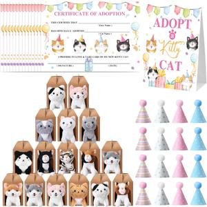 65 Pcs Adopt a Cat Party Favors, 16 Stuffed Cat Animals 16 Boxes 16 Cute Birthday Hats 16 Adoption Certificate Card 1 Adoption Sign for Adopt a Pet Party Favor Supplies