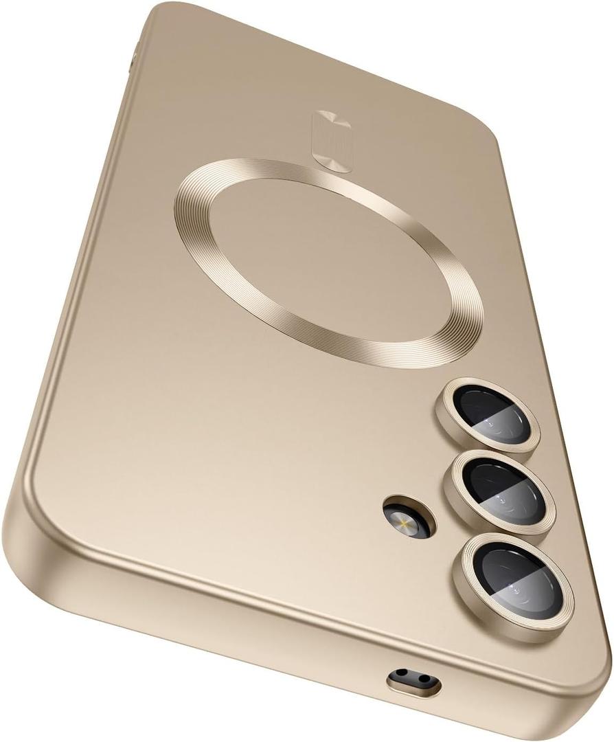 LEKEVO Magnetic for Samsung Galaxy S24 Case [Compatible with MagSafe][Built-in Camera Lens Protector] Slim Soft Silicone Bumper Shockproof Metallic Luster Phone Case (Gold)