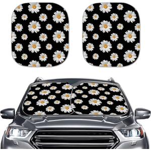 Howilath White Daisy Flowers 2 Piece Heat Insulation Funny Car Sunshades for Windshield Heat Insulation Foldable Sun Shade (White Daisy Flowers - White)