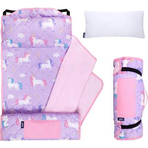 Wildkin Quilted Kids Nap Mat Soft Microfiber with Pillow & Elastic Straps for School & Travel