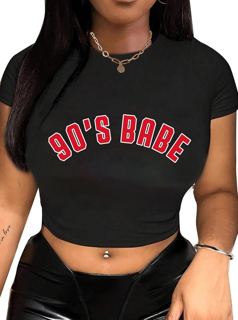 Hilinker Womens Short Sleeve Graphic Crop Tops Vintage Tees Summer Cute T Shirts (Small, Black 90s Babe)