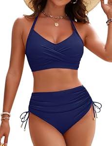 Blooming Jelly Womens High Waisted Bikini Sets Drawstring Tummy Control Swimsuits Crisscross Tie Back Bathing Suit (Medium)