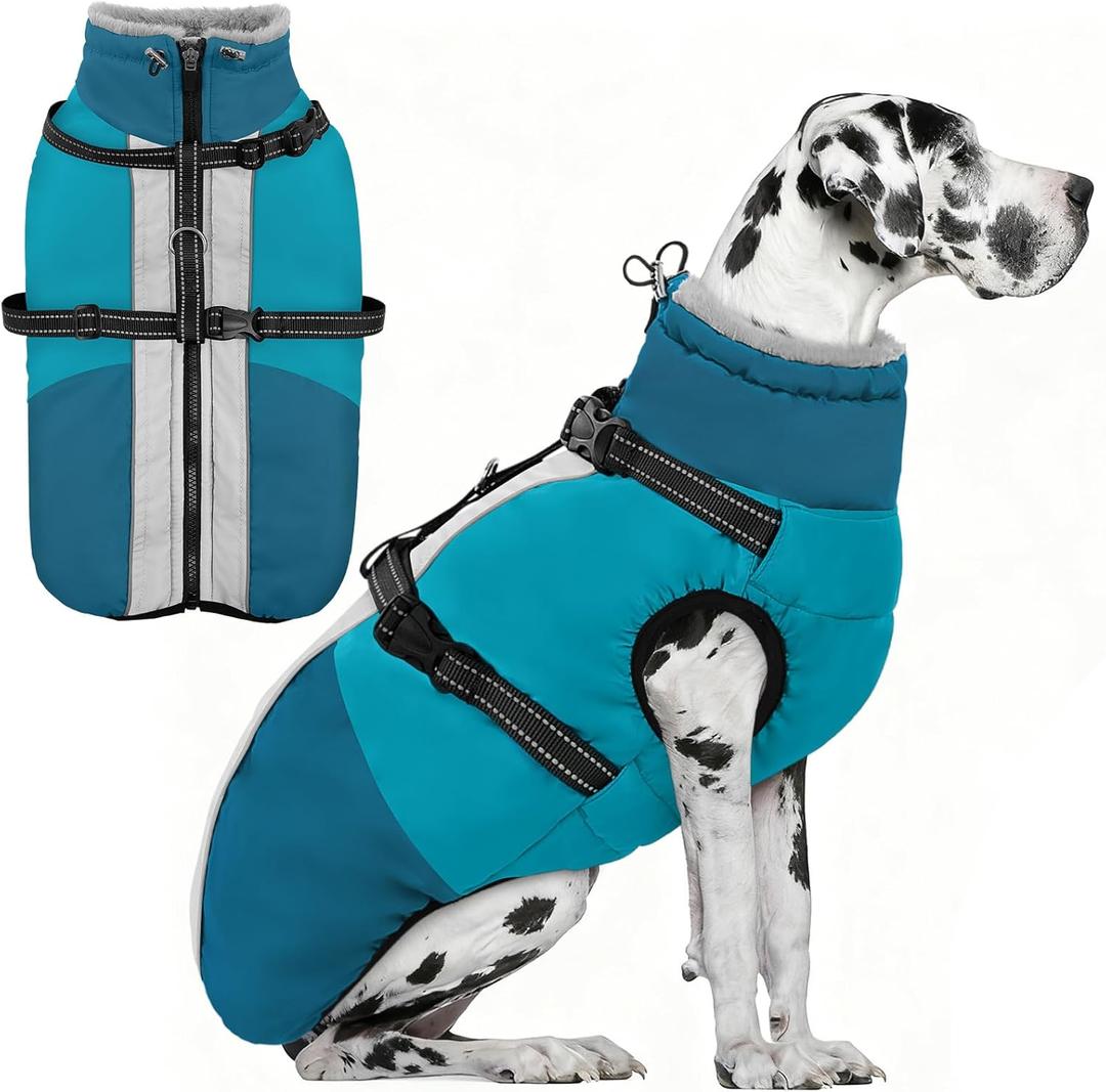 AOFITEE Dog Coat for Large Dogs, XXXL Dog Winter Jacket with Harness Built in, Turtleneck Cold Weather Coat for Extra Large Dogs, Reflective Pet Fleece Jacket with Zipper for Great Dane, Turquoise 3XL (PineGreen)