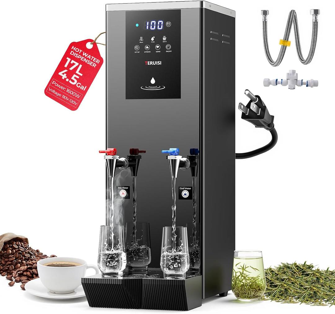 TERUISI Commercial Hot and Cold Water Dispenser, 60L(15.9Gal)/H Hot Water Boiler with Timer & Temp Settings, 1600W Electric Warm Drink Dispenser with 17L/4.5Gal Inner Tank for Café Office Countertop