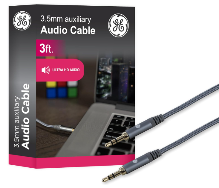 GE home electrical GE Pro 3.5mm Auxiliary Cable, 3ft Audio Cord, Premium Aux Cord for Car, Phone/Tablet, iPad, Home Stereo System and More, 33523