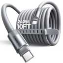 LISEN 10FT USB C Cable Fast Charging, Chubby 240W Cable USB C to USB C Fast Charging Soft Silicone Long USBC to USBC for iPhone 17 Pro Max 16 15 Air Samsung S25 Ultra S24 MacBook Pro Air iPad Switch 2 (Grey)