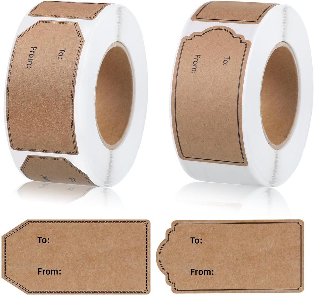 600 Pcs Natural Brown Kraft to and from Gift Tag Stickers 1.18"X2.36", Kraft to from Adhesive Gift Labels Sticker Christmas Holiday Present Labels, 300 Pcs/Roll