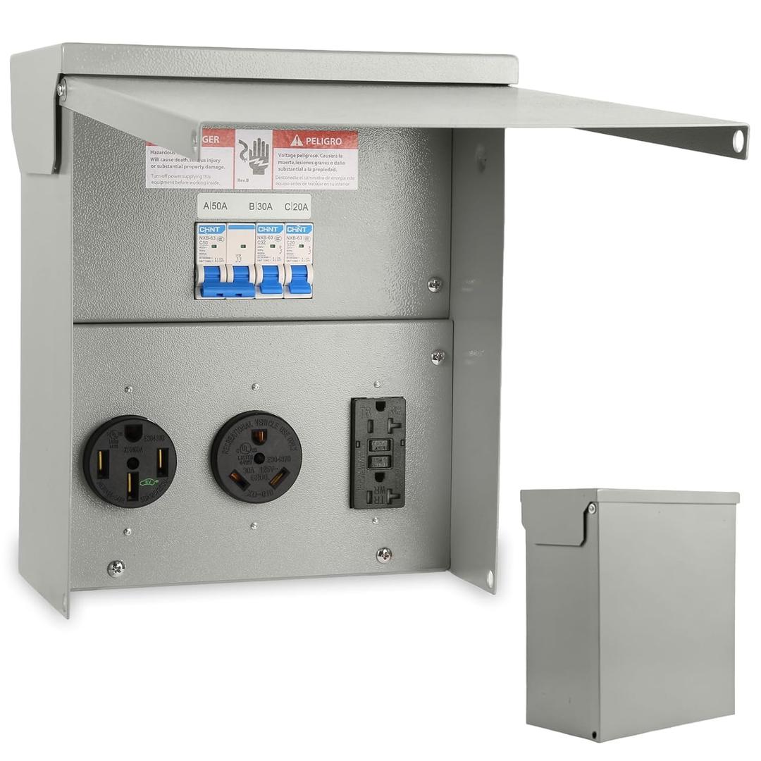 RV Electrical Outlet Panel with Breaker Temporary Power Outlet Panel RV Circuit Breaker Box with 20,30,50-Amp Receptacle Installed Weatherproof RV Power Outlet Box
