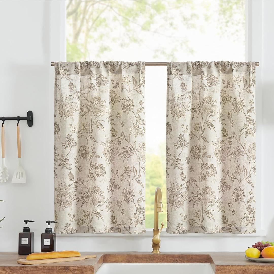 jinchan Floral Linen Tier Curtains 24 Inch Farmhouse Cafe Curtains Rod Pocket Country Flower Drapes for Small Windows for Kitchen Laundry Room Bathroom RV 2 Panels Light Filtering Taupe on Beige
