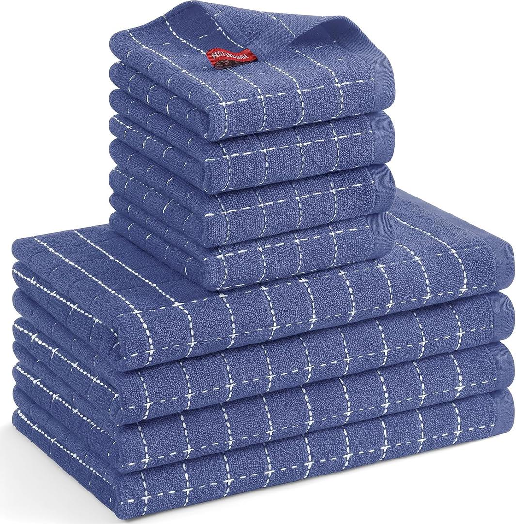 Mordimy 100% Cotton Terrycloth Kitchen Towels and Dishcloths Sets, Soft and Absorbent Checkered Dish Towels, Quick Drying Dish Rags for Washing Dishes, 4 Pack 16" x 26" & 4 Pack 12" x 12", Navy Blue, Small