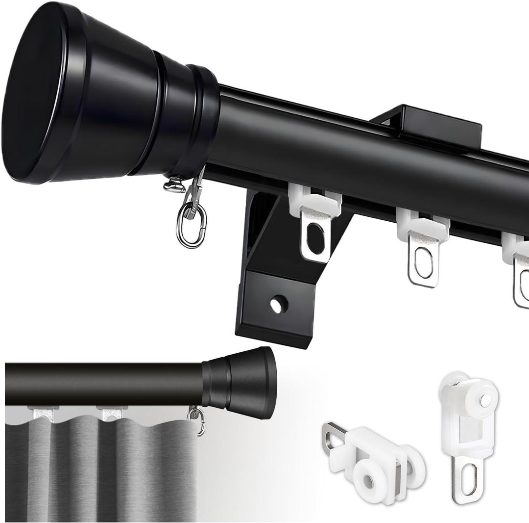 Single Curtain Track for Windows, 2.2m(7.2ft) Wall Mounted Heavy Duty Decorative Curtain rail with End Caps, Aluminum Brackets, Silent Wheels Easy to Install for Bedroom Living Room（Black）
