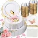 Morejoy 350PCS White and Gold Plastic Plates - Gold Plastic Dinnerware Set Include 50Dinner Plates, 50Dessert Plates 150Cutlery, 50Cups, 50Napkin Perfect for Party & Wedding &Mother's Day