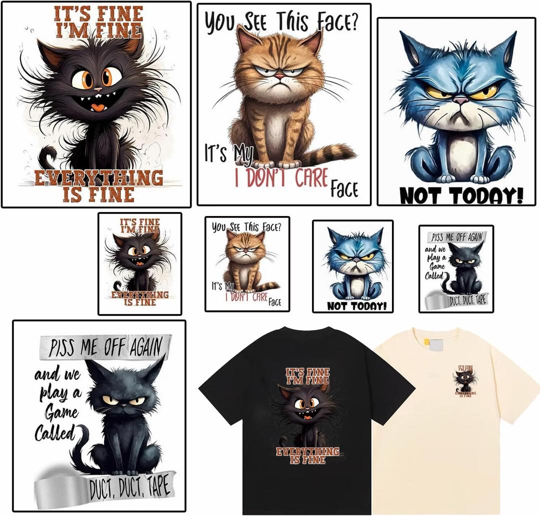8 Sheets Funny Cat Iron on Transfer Patches Cat Day Iron on Decals Stickers Cute Blue Yellow Grey Animal Designs DIY Crafts Heat Transfer Vinyl Stickers Appliques for Clothing T Shirts Bag Decorations
