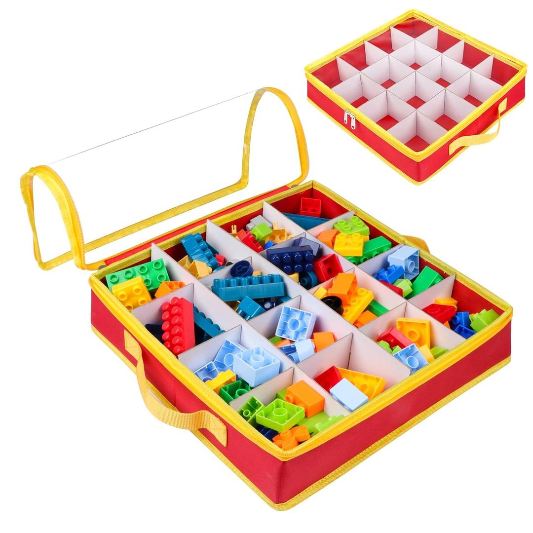16-Slot Toy Storage Bin Organizer Case for Lego Bricks, Foldable Container Storage Box with Clear Lid& DIY Divider for Lego Sorting, Board Games, Building Blocks& Puzzles (Case Only, Red)