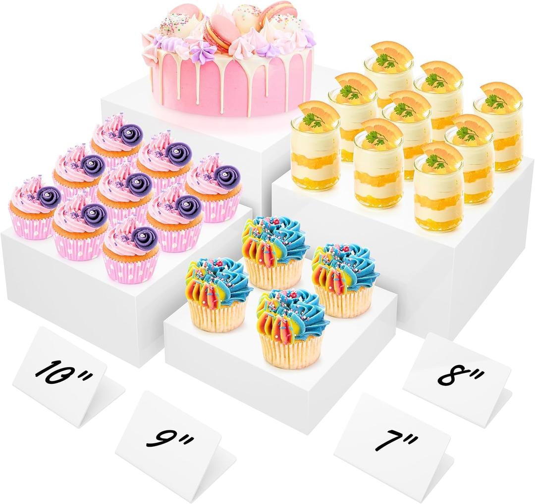 BreeziiDesign 10 Large Buffet Risers with Mini Signs, Table Risers, Buffet Risers and Stands, Acrylic Cube Display Box Riser for Catering Party Buffet Table Food Display, Dessert, Cakes - White, Set of 4 Boxes