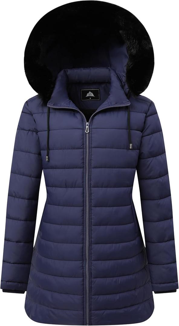 GOLDLADIES Women's Waterproof Long Down Jacket,Warm Winter Hooded Puffer Coat Thickened for Hiking Outdoor (Large, Navy)