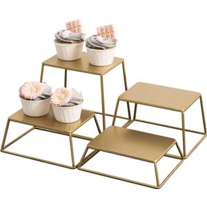 MyGift 4 Piece Set Modern Brass Tone Metal Nesting Tabletop Cupcake Display Risers, Food Appetizer Dessert Buffet Table Serving Stands for Home Party Event Retail (Brass)