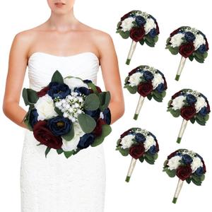 Set of 6 Bridesmaid Bouquets, 11 Inch Wedding Bouquets for Bridesmaids Artificial Flower Bouquets for Wedding Ceremony Bridal Shower Decorations - Burgundy & Navy Blue