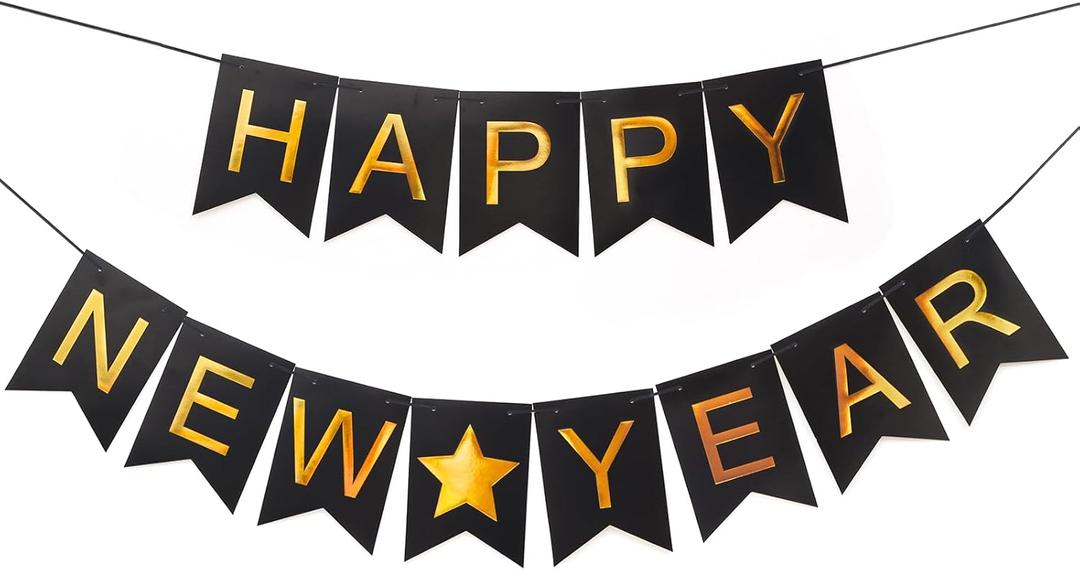2 x Happy New Years Decorations Banner 2026, Black Gold Nye New Years Eve Party Supplies for NYE Decorations Photo Props for Home Wall Fireplace Mantel Fireplace