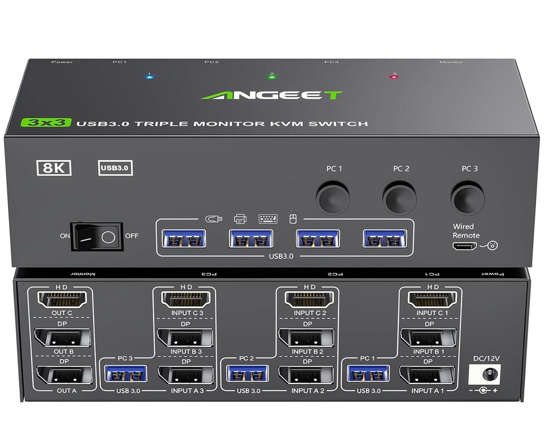 KVM Switch 3 Monitors 3 Computers 8K@60Hz 4K@144Hz, ANGEET HDMI and Displayport Triple Monitor KVM Switch, 3 Monitors KVM with 4 USB 3.0 Ports for USB Devices, Wired Remote and Power Adapter Included