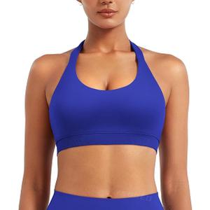 YEOREO SoftHue Women Halter Sports Bra Workout Seamless Padded Basic Bra Open Back Yoga Gym Crop Top Deep Sea S