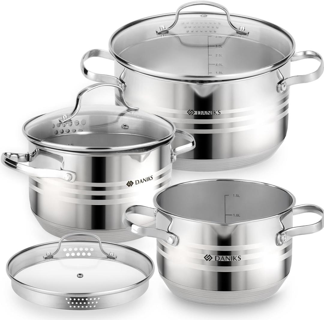 Daniks Tokio 6-Piece Stainless Steel Cookware Set  Induction Pots with Strainer Lids, Dishwasher Safe, For Soup, Pasta, Stew, Silver (9.5 Quarts)