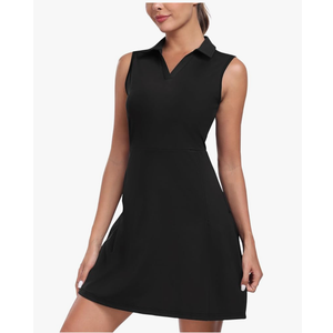MoFiz Women's Black Sleeveless V-Neck Mini Dress with Shorts - Casual Golf Tennis Dress - Medium