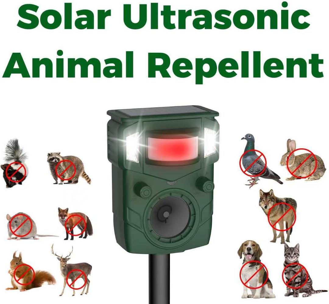 Ultrasonic Animal Repellent Outdoor  Motion Activated Deer, Squirrel, Cat, Raccoon, Dog & Bird Deterrent with Multi-Frequency LED Strobe & Ultrasonic Sweep for Yard, Garden, Farm2025 Upgraded Solar
