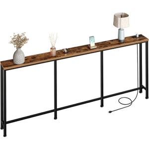 CHOEZON 78.7'' Narrow Console Table with Power Outlet 7.1" Skinny Sofa Table, Long Behind Couch Table with Charging Station, Entryway Table for Hallway, Living Room Rustic Brown and Black TXG20UBF, 78.7*7.1*32.3in