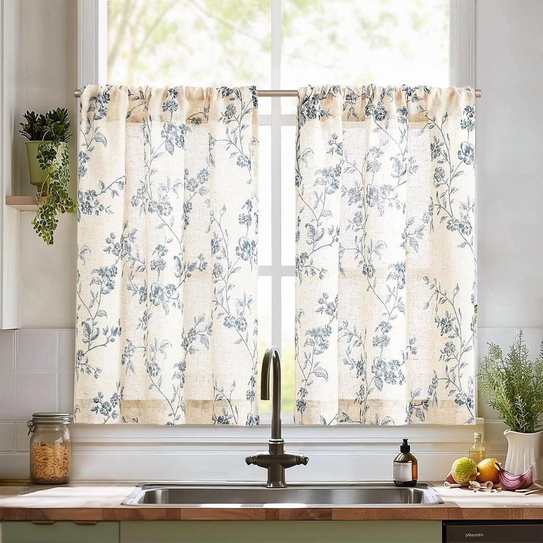 jinchan Floral Kitchen Curtains 36 Inch Linen Tier Curtains Farmhouse Cafe Half Window Drapes Over Sink Light Filtering for Living Room Laundry RV Rod Pocket 2 Panels Blue on Beige