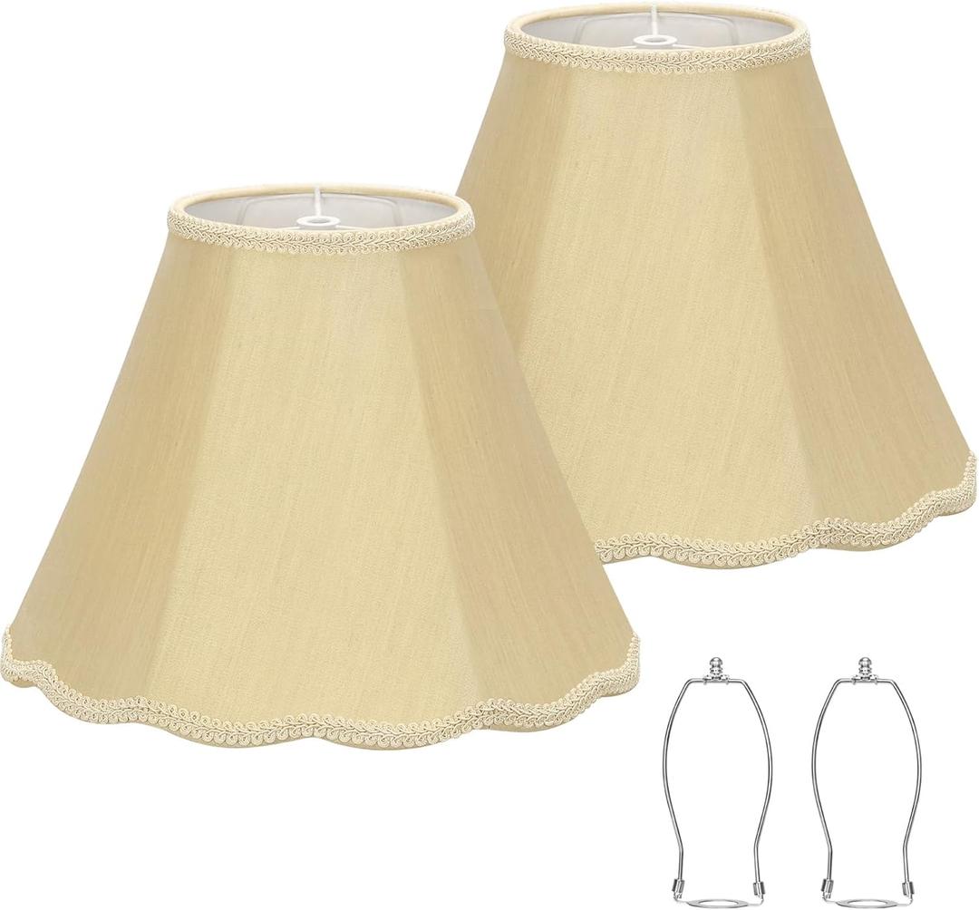 Gold Scalloepd Lamp Shades Set of 2, 6.1"Top x 13"Bottom x 9.8"High, Bell Lamp Shades for Floor Lamps Table Lamps, Medium Lampshade with Petal Edge Braid, Spider, Harp Holders Included, Easy Assembly