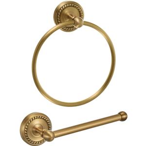 2 Pcs Antique Brass Toilet Paper Holder, Brass Towel Ring, Bathroom Wall Mount Vintage Gold Tissue Roll Holder & Hand Towel Ring, Exquisite Pattern Carving Bathroom Accessories(Round)