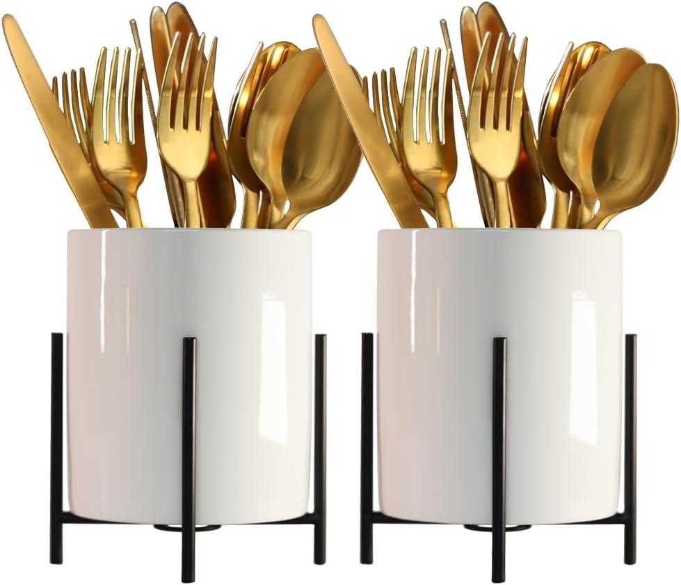 2pcs Cutlery Holder White Ceramic With Black Matte Bracket Robust Silverware Caddy For Store Forks, Knives, Spoons, Napkins, Medium