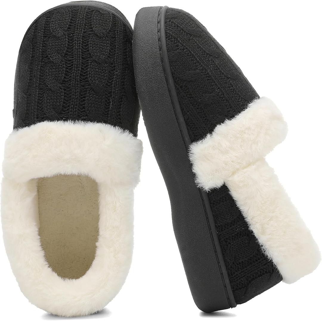 UBFEN Womens Fuzzy House Slippers Warm Bedroom Shoes with Faux Fur Lining Non Slip Memory Foam Slippers for ladies Indoor and Outdoor (7-8, Black)