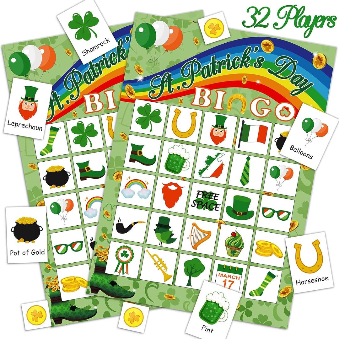 Moon Boat 32 Players St. Patrick's Day Bingo Card Game for Adults Shamrock Party Activity