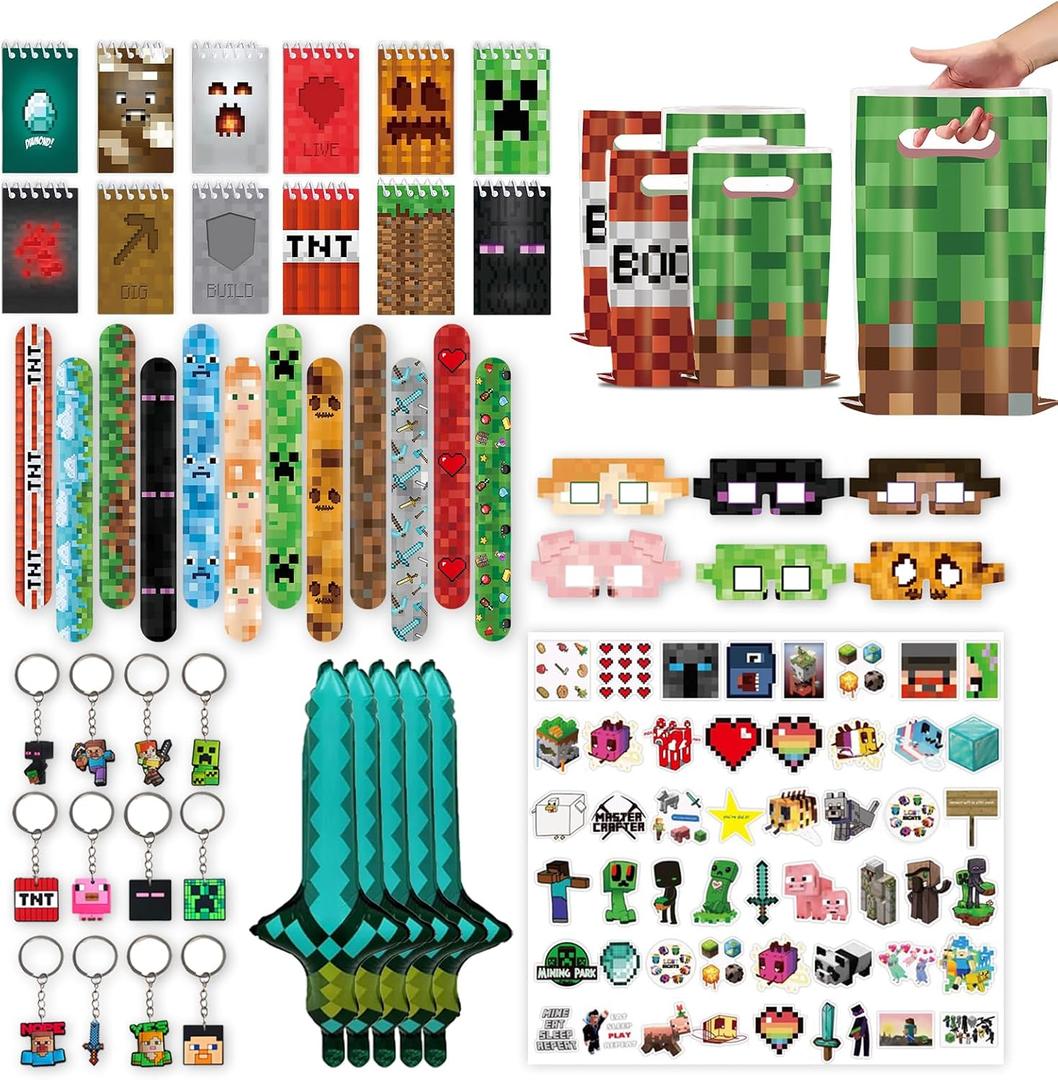 120 PCS Party Favors for Pixel Theme Birthday Party Supplies, Goodie Bag Stuffers Favors includes 50 Stickers, 12 Gift Bags,12 Wristbands,12 Keychains,10 Sword Foil Balloons,12 masks,12 Mini Notepads.