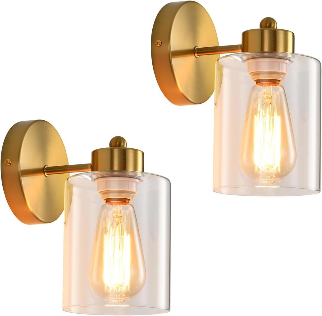 Metal Sconces Wall Lighting with Clear Glass Shade, Bathroom Vanity Light Matte Black Wall Sconce, Modern Wall Light Fixtures (2 PACK, Gold)