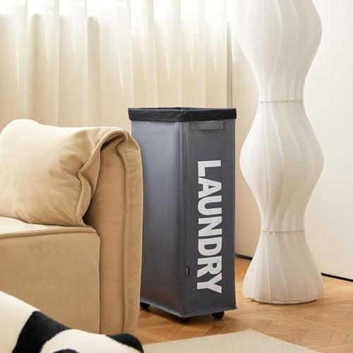 per with HandleSlim Laundry Basket on Wheels, Foldable Narrow Corner Clothes Storage BinsTall Laundry Bin for Laundry Room, Dorm and Bedroom(Dark Grey)
