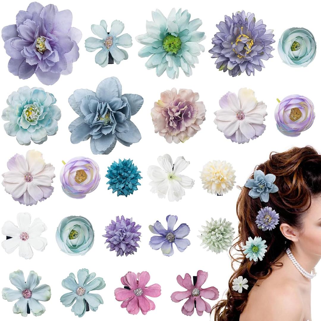 ELANE Hair Clips for Women and Girls - 24 Pcs Floral Accessories with Small Flower Details (Blue+Purple)